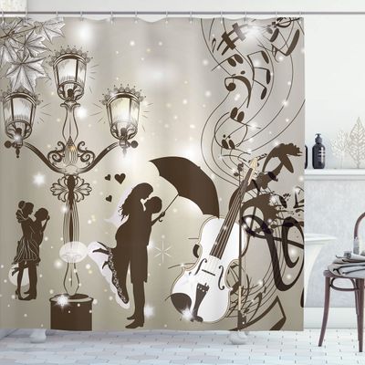 Ambesonne Romantic Shower Curtain, Kissing Couples on Street Violin Music Notes Love Themed Graphic Design, Cloth Fabric Bathroom Decor Set with Hooks, 69" W x 70" L, Dark Taupe and Dust