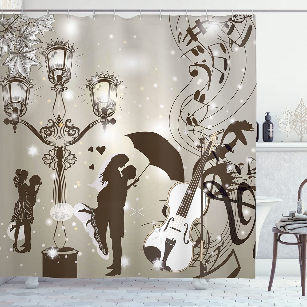 Ambesonne Romantic Shower Curtain, Kissing Couples on Street Violin Music Notes Love Themed Graphic Design, Cloth Fabric Bathroom Decor Set with Hooks, 69" W x 70" L, Dark Taupe and Dust