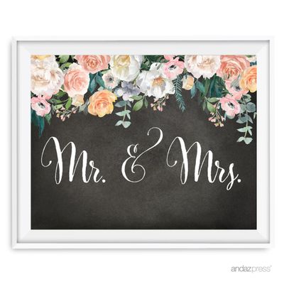 Andaz Press Peach Chalkboard Floral Garden Party Wedding Collection, Party Signs, Mr. & Mrs., 8.5x11-inch, 1-Pack