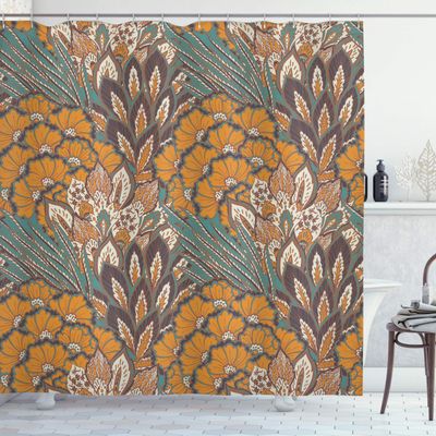 Ambesonne Floral Shower Curtain, Pattern of Flowers and Peacock Feathers Floral Arrangement Art, Cloth Fabric Bathroom Decor Set with Hooks, 69" W x 70" L, Petrol Blue Pale Coffee
