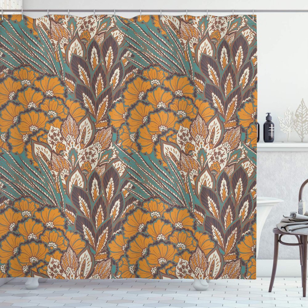 Ambesonne Floral Shower Curtain, Pattern of Flowers and Peacock Feathers Floral Arrangement Art, Cloth Fabric Bathroom Decor Set with Hooks, 69" W x 70" L, Petrol Blue Pale Coffee