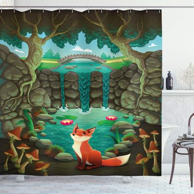 Ambesonne Cartoon Shower Curtain, Fox Near The Pond Mushrooms Waterlilies and a Waterfall Illustration, Cloth Fabric Bathroom Decor Set with Hooks, 69" W x 75" L, Green Forest
