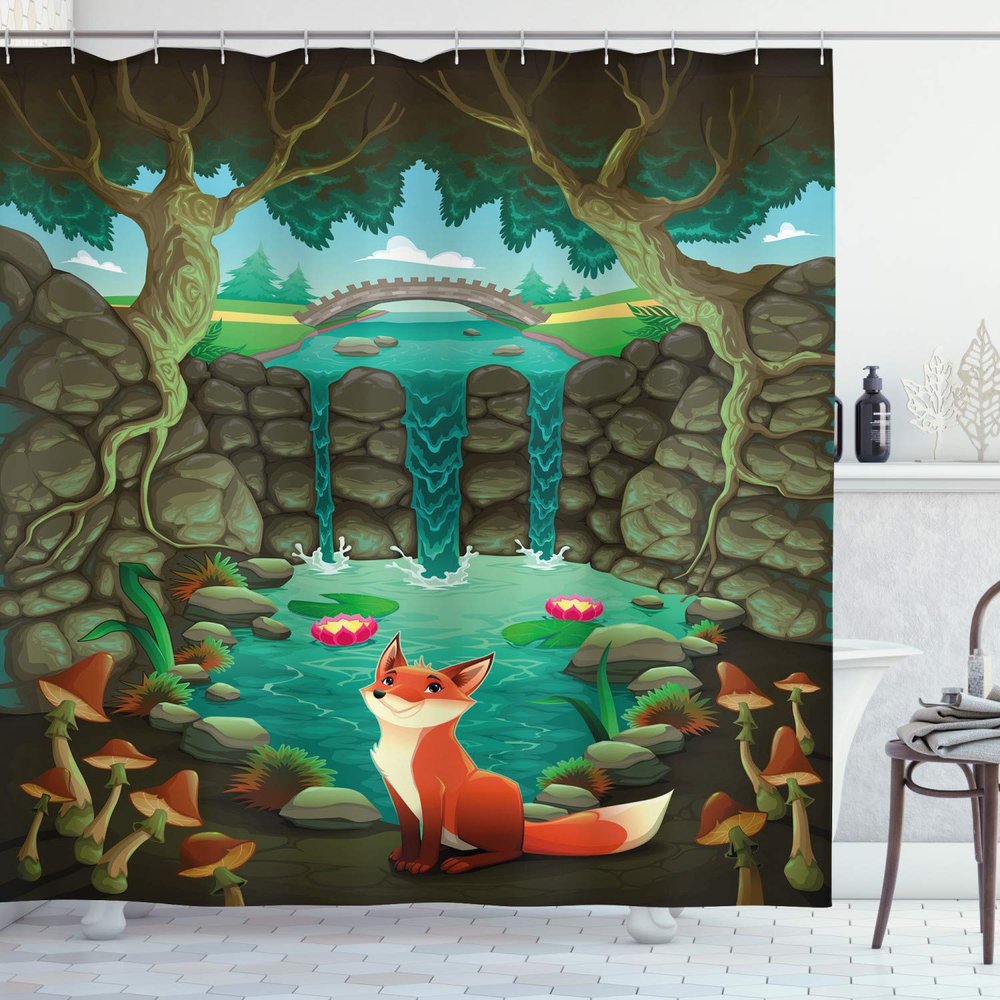 Ambesonne Cartoon Shower Curtain, Fox Near The Pond Mushrooms Waterlilies and a Waterfall Illustration, Cloth Fabric Bathroom Decor Set with Hooks, 69" W x 75" L, Green Forest