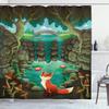 Ambesonne Cartoon Shower Curtain, Fox Near The Pond Mushrooms Waterlilies and a Waterfall Illustration, Cloth Fabric Bathroom Decor Set with Hooks, 69" W x 75" L, Green Forest view 1