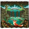 Ambesonne Cartoon Shower Curtain, Fox Near The Pond Mushrooms Waterlilies and a Waterfall Illustration, Cloth Fabric Bathroom Decor Set with Hooks, 69" W x 75" L, Green Forest view 2