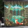 Ambesonne Cartoon Shower Curtain, Fox Near The Pond Mushrooms Waterlilies and a Waterfall Illustration, Cloth Fabric Bathroom Decor Set with Hooks, 69" W x 75" L, Green Forest view 3