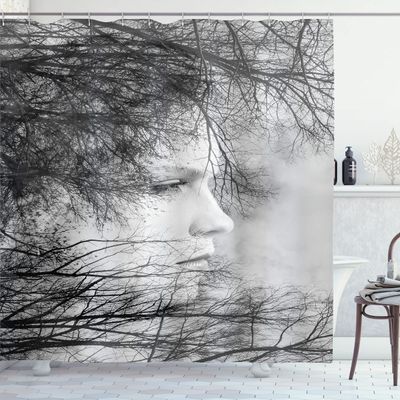 Ambesonne Black and White Shower Curtain, Woman Face Among Tree Branches Double Exposure Effect Print, Cloth Fabric Bathroom Decor Set with Hooks, 69" W x 70" L, White Charcoal Grey
