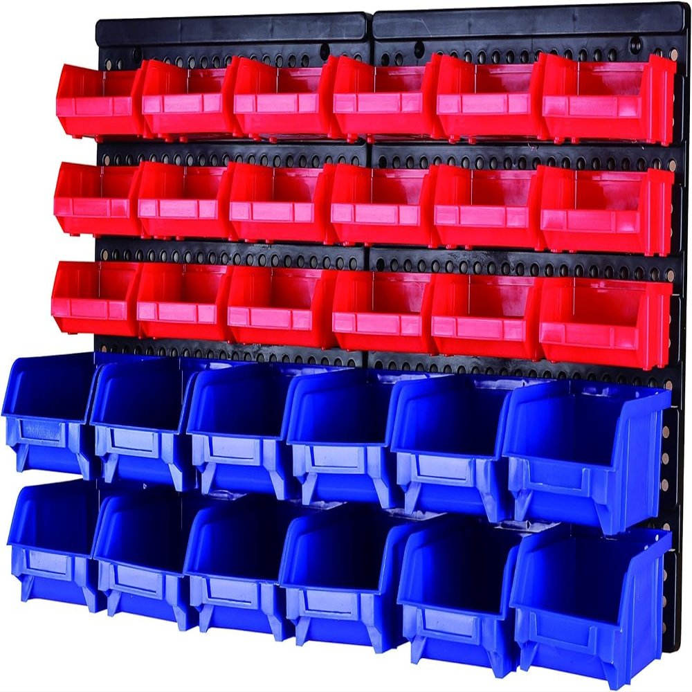 MaxWorks Wall Mount Storage Rack 30 Bin HeavyDuty Organizer for Nuts Bolts Screws Nails Beads Buttons and Small Parts for Garage Home and Workshop Blue and Red Bins (80694)