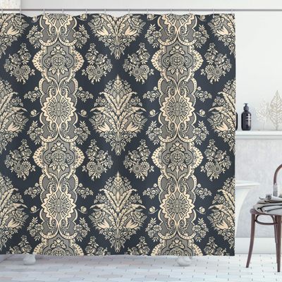 Ambesonne Damask Shower Curtain, Victorian Style Baroque Classic Pattern with Ornamental Floral Leaves Image, Cloth Fabric Bathroom Decor Set with Hooks, 69" W x 75" L, Charcoal Grey Cream