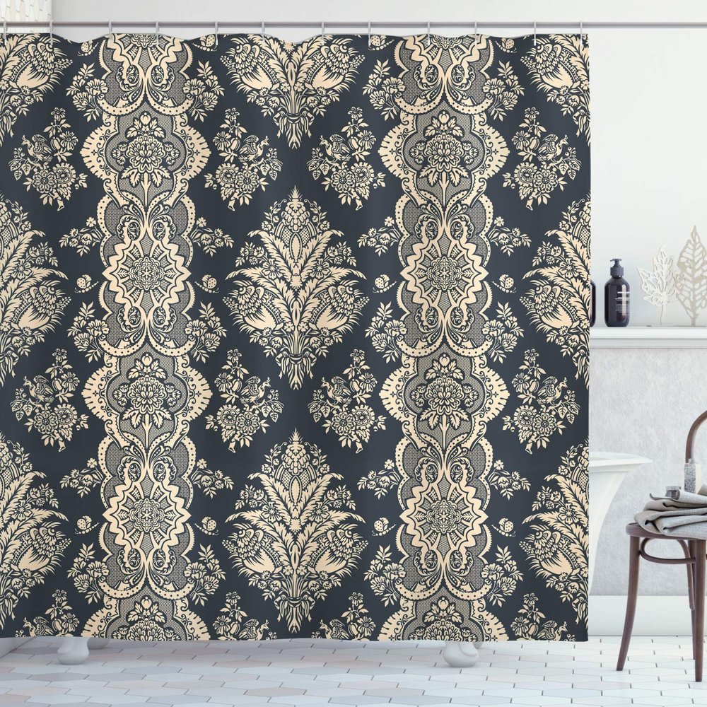 Ambesonne Damask Shower Curtain, Victorian Style Baroque Classic Pattern with Ornamental Floral Leaves Image, Cloth Fabric Bathroom Decor Set with Hooks, 69" W x 75" L, Charcoal Grey Cream