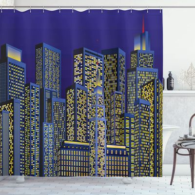 Ambesonne Digital Shower Curtain, Cartoon Design Cityscape with Square Seemed Image Room Art Print, Cloth Fabric Bathroom Decor Set with Hooks, 69" W x 84" L, Dark Blue and Yellow