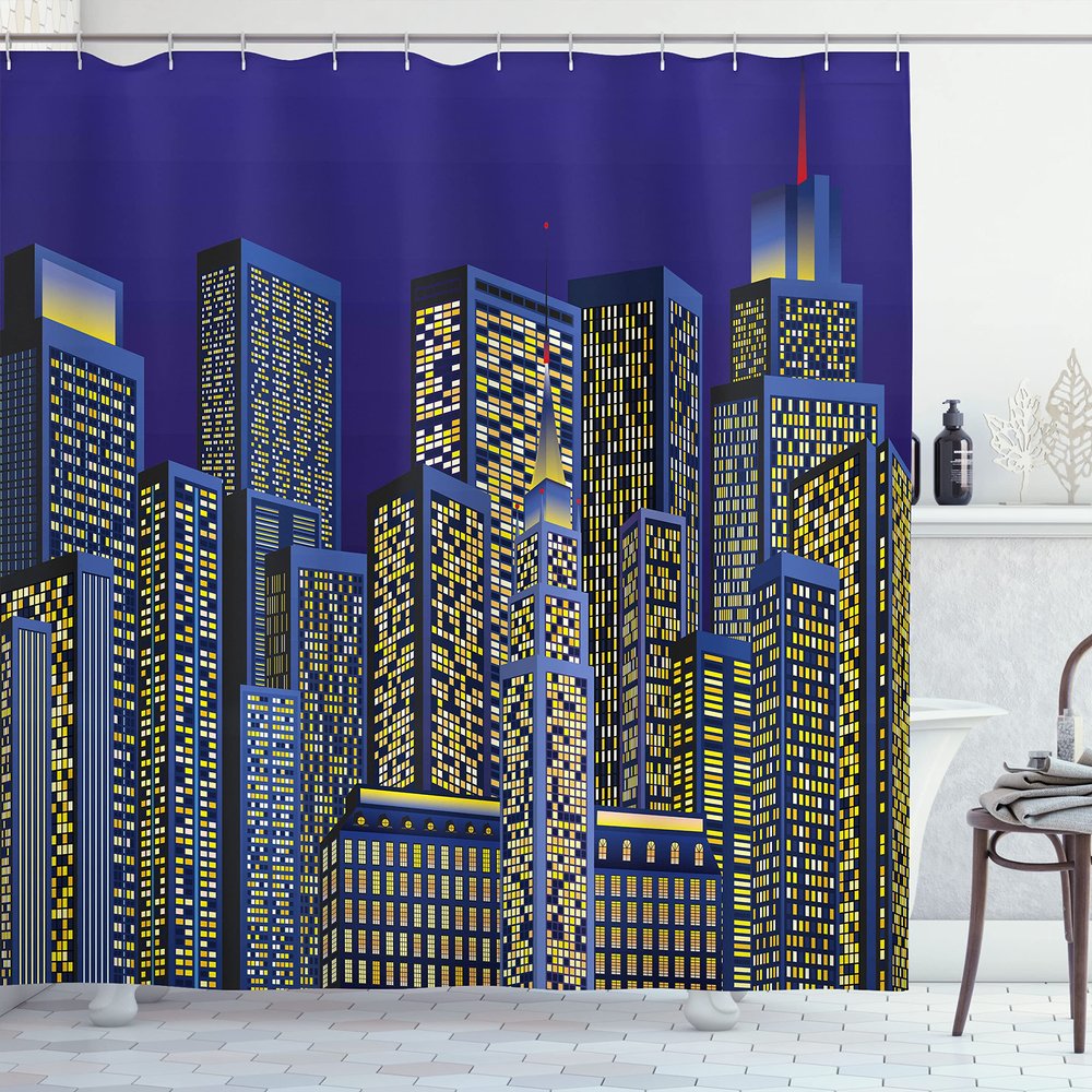 Ambesonne Digital Shower Curtain, Cartoon Design Cityscape with Square Seemed Image Room Art Print, Cloth Fabric Bathroom Decor Set with Hooks, 69" W x 84" L, Dark Blue and Yellow