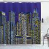 Ambesonne Digital Shower Curtain, Cartoon Design Cityscape with Square Seemed Image Room Art Print, Cloth Fabric Bathroom Decor Set with Hooks, 69" W x 84" L, Dark Blue and Yellow view 1