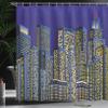 Ambesonne Digital Shower Curtain, Cartoon Design Cityscape with Square Seemed Image Room Art Print, Cloth Fabric Bathroom Decor Set with Hooks, 69" W x 84" L, Dark Blue and Yellow view 3