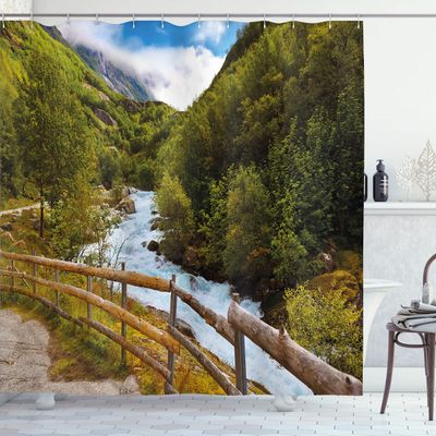 Ambesonne Landscape Shower Curtain, Norway Nature Scenery with Bridge Lake Briksdal Glacier Travel Themed Art Photo, Cloth Fabric Bathroom Decor Set with Hooks, 69" W x 70" L, Multicolor
