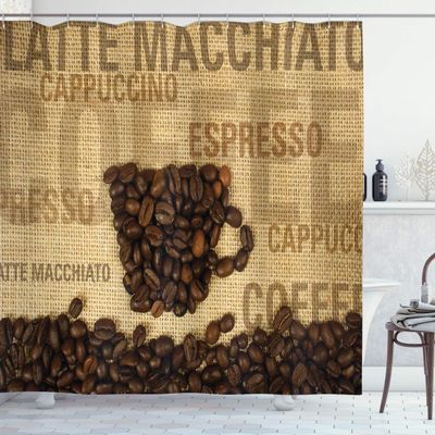 Ambesonne Coffee Shower Curtain, Coffee Beans Shaped in Mug and Coffee Types Letterings Art Print, Cloth Fabric Bathroom Decor Set with Hooks, 69" W x 75" L, Dark Brown Pale Brown