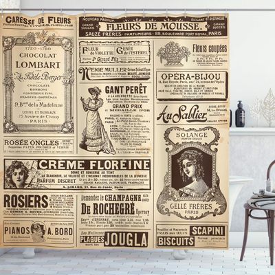 Ambesonne Paris Shower Curtain, Vintage Old Historic Newspaper Journal French Paper Lettering Art Design, Cloth Fabric Bathroom Decor Set with Hooks, 69" W x 75" L, Army Green and Beige