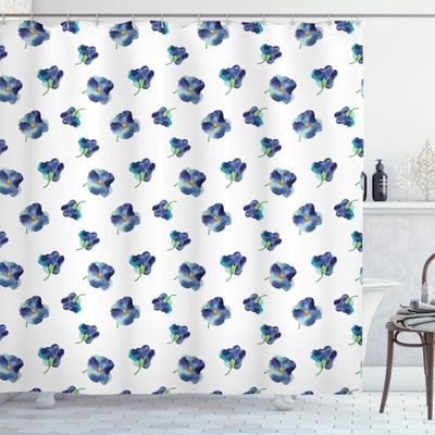 Ambesonne Floral Shower Curtain, Watercolors Painted Violet Flowers Pattern Blooms Spring Nature Theme, Cloth Fabric Bathroom Decor Set with Hooks, 69" W x 84" L, Turquoise Navy Blue