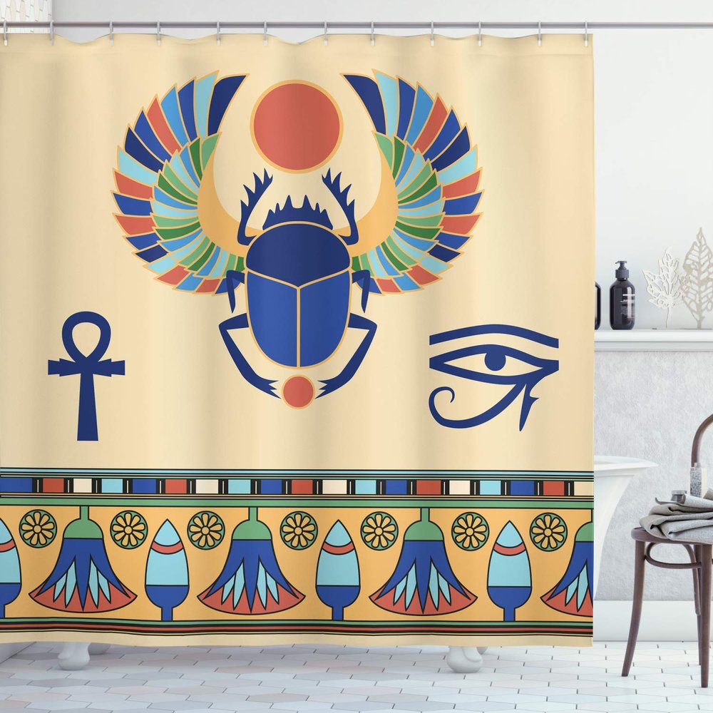 Ambesonne Egyptian Print Shower Curtain, Antique Historical Culture of Scarab Eye Ornaments, Cloth Fabric Bathroom Decor Set with Hooks, 69" W x 70" L, Cream Navy