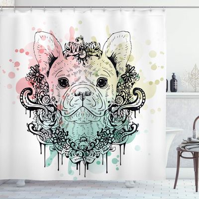 Ambesonne Animal Shower Curtain, French Bulldog with Floral Wreath on Brushstroke Watercolor Print, Cloth Fabric Bathroom Decor Set with Hooks, 69" W x 75" L, Pale Green Pale Pink