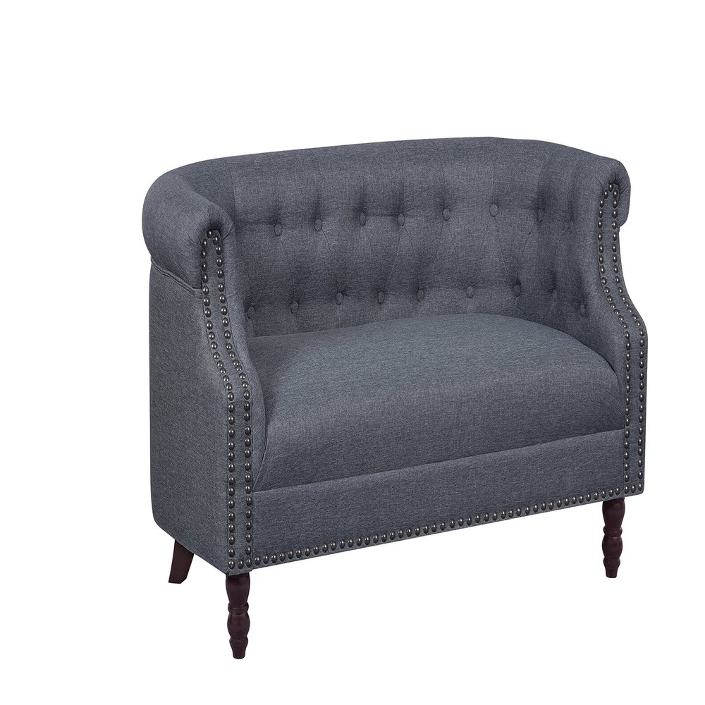 Container Furniture Direct Huton Collection Contemporary Upholstered Linen Wingback Loveseat with Solid Wood Frame and Button Tufted Details, Dark Grey
