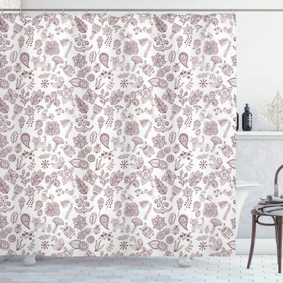 Ambesonne Playroom Shower Curtain, Nature Themed Owl Cat Bird Bluebells Tulips Leaves Doodle Art, Cloth Fabric Bathroom Decor Set with Hooks, 69" W x 75" L, Dark Brown White