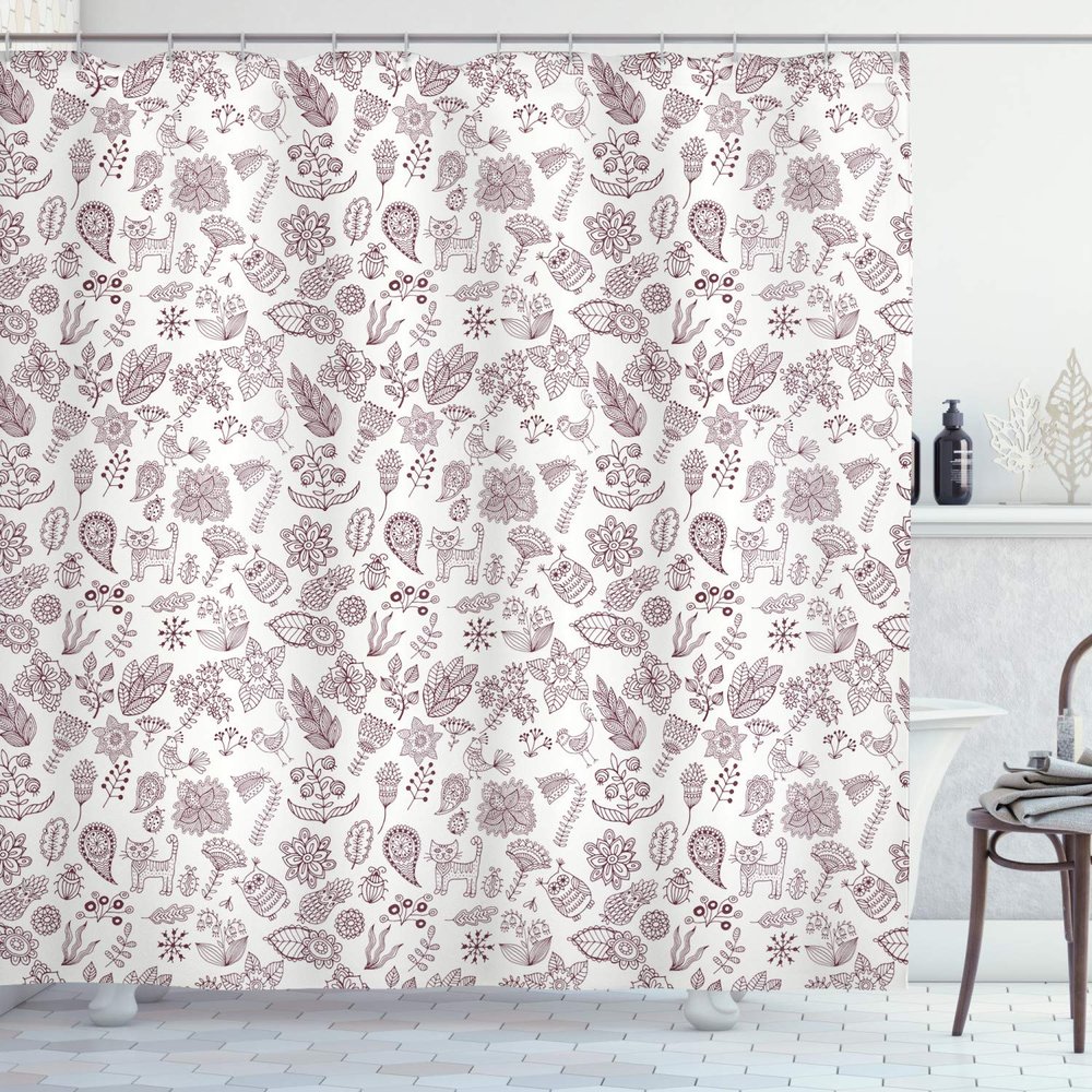 Ambesonne Playroom Shower Curtain, Nature Themed Owl Cat Bird Bluebells Tulips Leaves Doodle Art, Cloth Fabric Bathroom Decor Set with Hooks, 69" W x 75" L, Dark Brown White