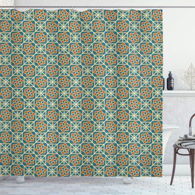 Ambesonne Orient Shower Curtain, Style Flower Arrangement Daffodils Old Framework Print, Cloth Fabric Bathroom Decor Set with Hooks, 69" W x 70" L, Teal Orange