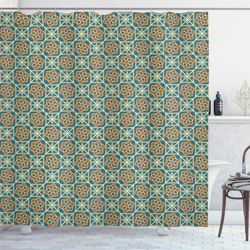 Ambesonne Orient Shower Curtain, Style Flower Arrangement Daffodils Old Framework Print, Cloth Fabric Bathroom Decor Set with Hooks, 69" W x 70" L, Teal Orange