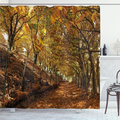 Ambesonne Nature Shower Curtain, Autumn Foliage Forest with Deciduous Trees Faded Fall Leaves Surreal Image, Cloth Fabric Bathroom Decor Set with Hooks, 69" W x 84" L, Brown Amber Marigold