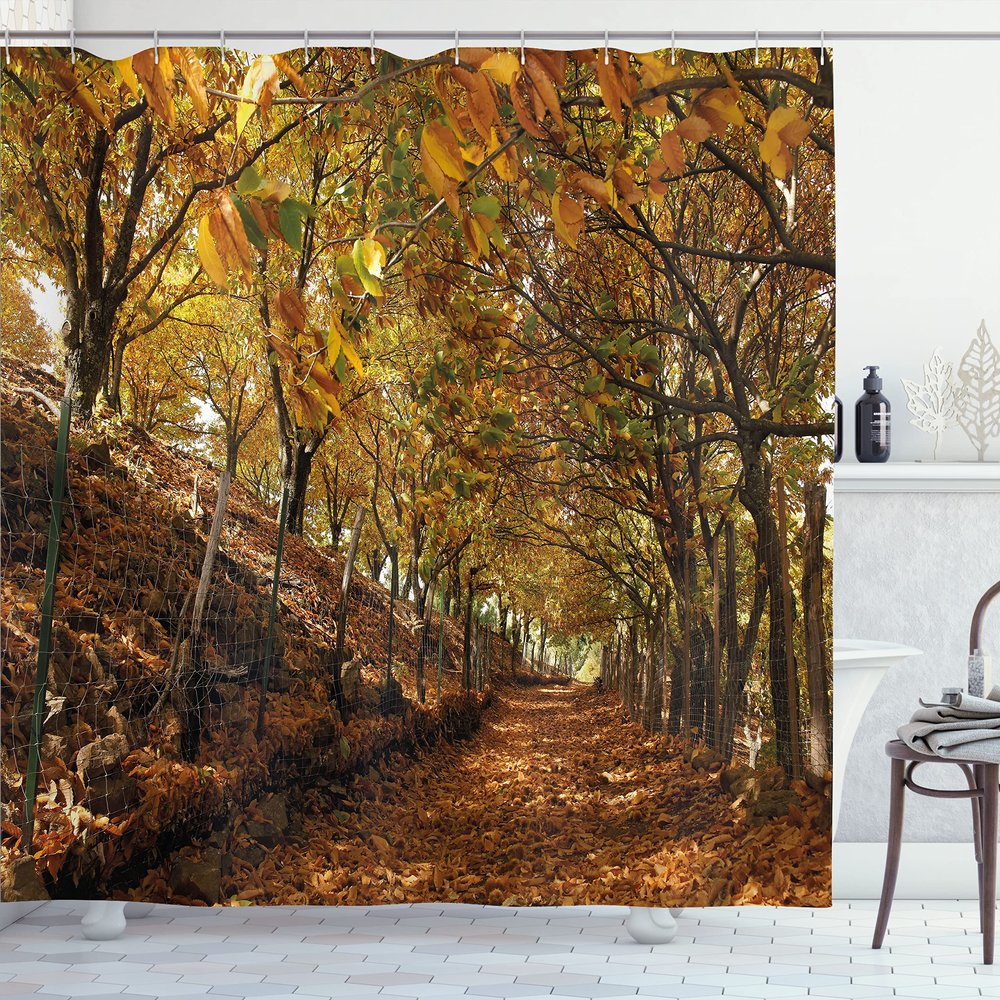 Ambesonne Nature Shower Curtain, Autumn Foliage Forest with Deciduous Trees Faded Fall Leaves Surreal Image, Cloth Fabric Bathroom Decor Set with Hooks, 69" W x 84" L, Brown Amber Marigold