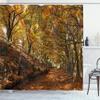 Ambesonne Nature Shower Curtain, Autumn Foliage Forest with Deciduous Trees Faded Fall Leaves Surreal Image, Cloth Fabric Bathroom Decor Set with Hooks, 69" W x 84" L, Brown Amber Marigold view 1