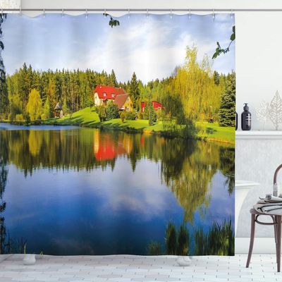 Ambesonne Landscape Shower Curtain, House in Forest Riverside Water Reflection Trees Outdoors Autumn Season Image, Cloth Fabric Bathroom Decor Set with Hooks, 69" W x 70" L, Multicolor