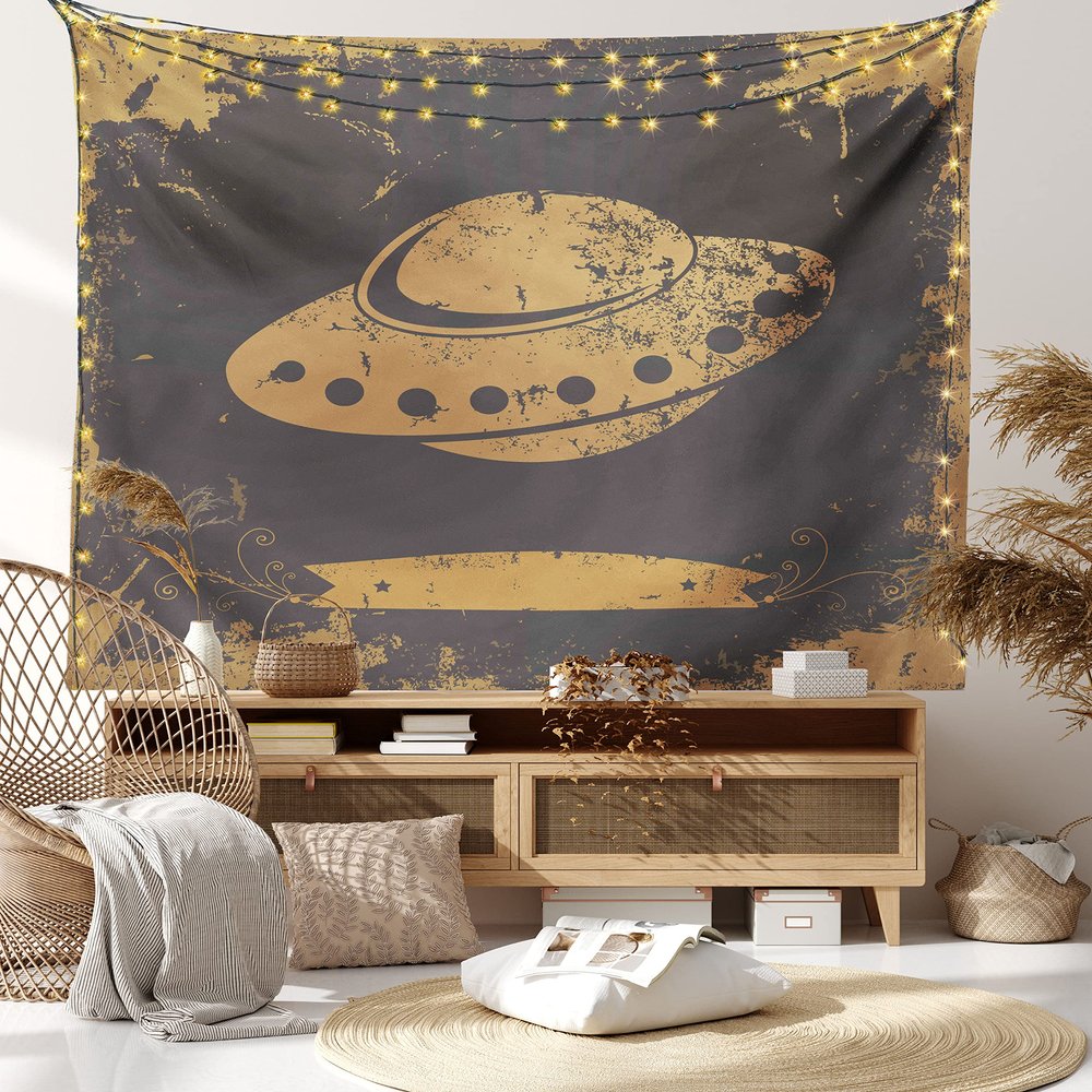 Ambesonne Modern Tapestry, Grunge UFO Alien Outer Space Cosmic Galaxy Futuristic Graphic Print, Wide Wall Hanging for Bedroom Living Room Dorm, 60" X 40", Grey Tan