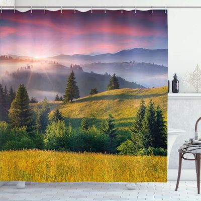 Ambesonne Country Shower Curtain, Foggy Summer Morning Mountains Greenery Sunrise Outdoors Artwork Print, Cloth Fabric Bathroom Decor Set with Hooks, 69" W x 70" L, Green Pale Blue Pink