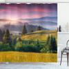 Ambesonne Country Shower Curtain, Foggy Summer Morning Mountains Greenery Sunrise Outdoors Artwork Print, Cloth Fabric Bathroom Decor Set with Hooks, 69" W x 70" L, Green Pale Blue Pink view 1