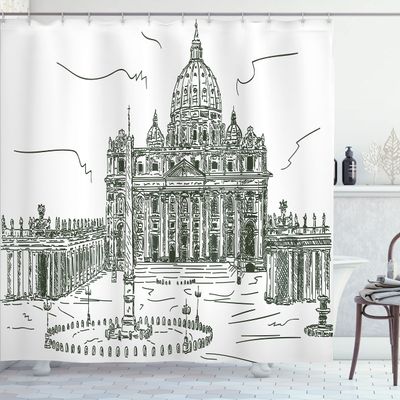 Ambesonne Art Shower Curtain, Monochrome Historical Architecture Themed Art Sketch Print of Forum in Rome Italy, Cloth Fabric Bathroom Decor Set with Hooks, 69" W x 70" L, Dark Green