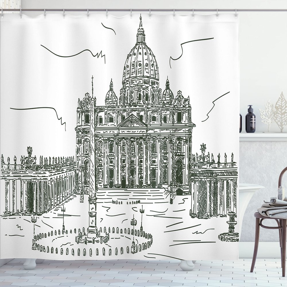 Ambesonne Art Shower Curtain, Monochrome Historical Architecture Themed Art Sketch Print of Forum in Rome Italy, Cloth Fabric Bathroom Decor Set with Hooks, 69" W x 70" L, Dark Green