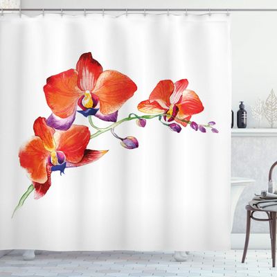 Ambesonne Floral Shower Curtain, Orchid Flower Branch with Vivid Color Petals Blossom Botany Blooms Picture, Cloth Fabric Bathroom Decor Set with Hooks, 69" W x 70" L, Orange Violet White