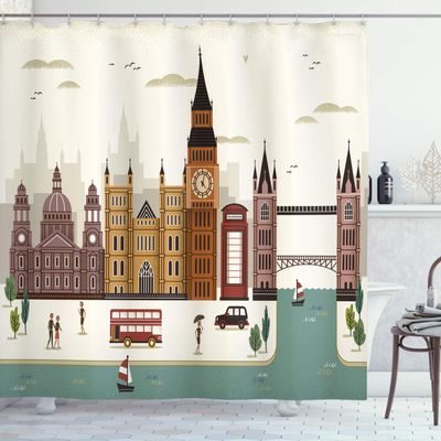 Ambesonne London Shower Curtain, Travel Scenery Famous City England Big Ben Telephone Booth Westminster, Cloth Fabric Bathroom Decor Set with Hooks, 69" W x 70" L, Teal Beige