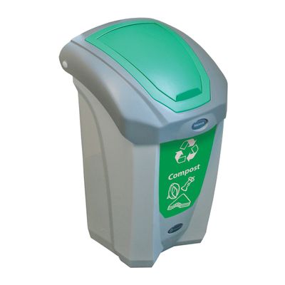 Glasdon Nexus 8G Food Waste Compost Bin (Gray, Green Sticker)  8-Gallon Food Waste Collection Bin with Flip Lid  Compact Indoor Recycling Bin for Organic Food Waste - Plastic