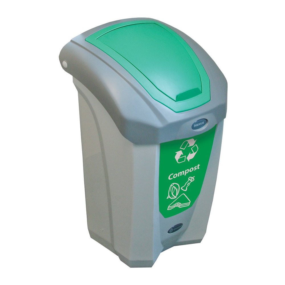 Glasdon Nexus 8G Food Waste Compost Bin (Gray, Green Sticker)  8-Gallon Food Waste Collection Bin with Flip Lid  Compact Indoor Recycling Bin for Organic Food Waste - Plastic