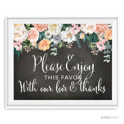 Andaz Press Peach Chalkboard Floral Garden Party Wedding Collection, Party Signs, Please Enjoy This Favor With Our Love and Thanks, 8.5x11-inch, 1-Pack
