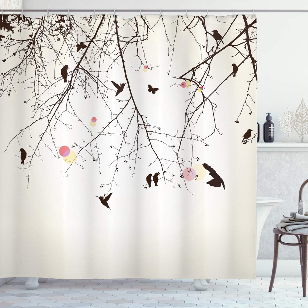 Ambesonne Nature Shower Curtain, Tree Branches Birds and Flowers Floral Spring Season Sunbeams Circles Art, Cloth Fabric Bathroom Decor Set with Hooks, 69" W x 75" L, Pink