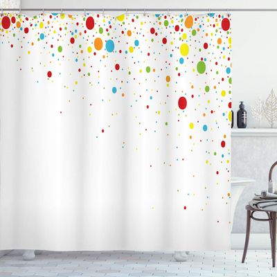 Ambesonne Colorful Shower Curtain, Small Dots Like Party Celebration Print on White Backdrop Retro Style Art, Cloth Fabric Bathroom Decor Set with Hooks, 69" W x 84" L, Multicolor