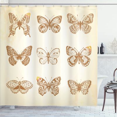 Ambesonne Animal Shower Curtain, Various Type of Butterflies on Vintage Color Background Wings Design, Cloth Fabric Bathroom Decor Set with Hooks, 69" W x 70" L, Sand Brown Cream