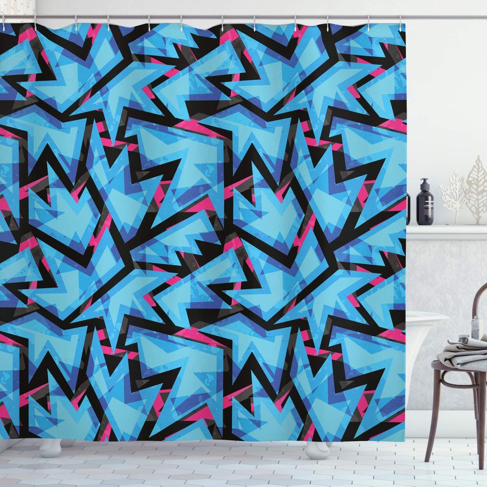 Ambesonne Abstract Shower Curtain, Trippy Neon in Contrast with Grunge Digital Effects Illustration, Cloth Fabric Bathroom Decor Set with Hooks, 69" W x 84" L, Sky Blue Black Pink