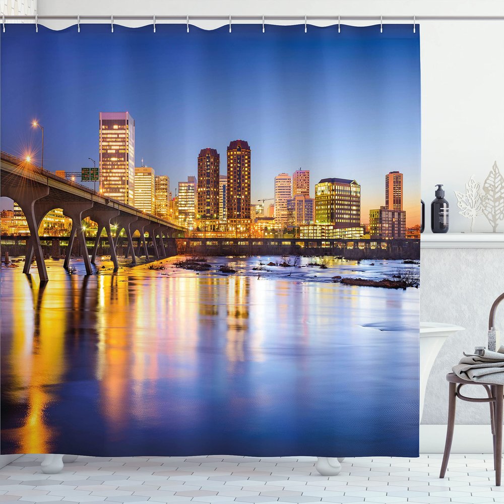 Ambesonne Cityscape Shower Curtain, Virginia City Night Skyline American Town Misty Evening Urban Life Scenery, Cloth Fabric Bathroom Decor Set with Hooks, 69" W x 70" L, Marigold Blue