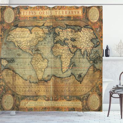 Ambesonne World Map Shower Curtain, Old Chart Vintage Composition of 16th Century Atlas Print, Cloth Fabric Bathroom Decor Set with Hooks, 69" W x 84" L, Sand Blue