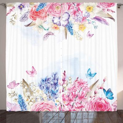Ambesonne Shabby Flora Curtains, Romantic Garden Roses and Daisy Flowers Leaves Print, Living Room Bedroom Window Drapes 2 Panel Set, 108" X 84", Blue Purple